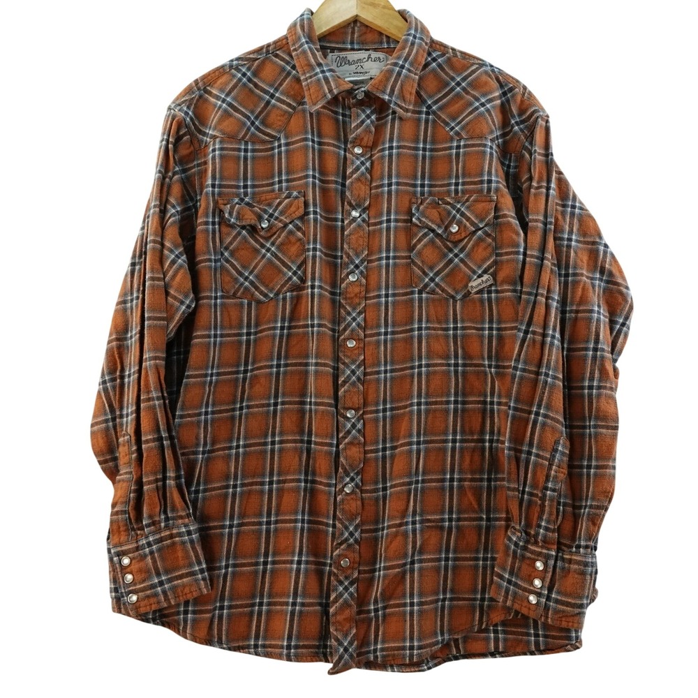 Wrangler‎ Men's 2XL Pearl Snap Orange Plaid Western Flannel Shirt Long Sleeve
